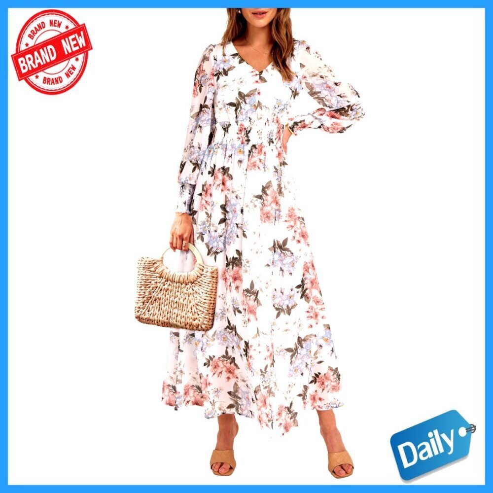 Long Sleeve Floral Maxi Dress V Neck Boho Formal Wedding Guest
